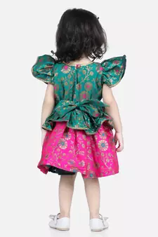 BownBee Jacquard Ruffle Sleeve Frock Party Dress for Girls-Green