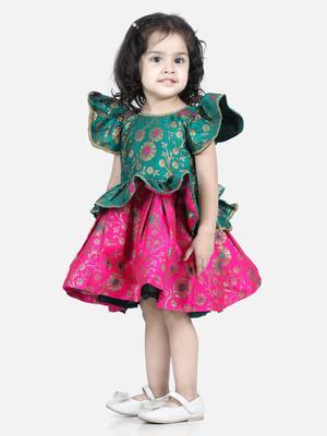 BownBee Jacquard Ruffle Sleeve Frock Party Dress for Girls-Green 3