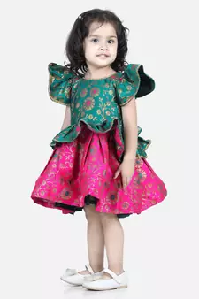 BownBee Jacquard Ruffle Sleeve Frock Party Dress for Girls-Green