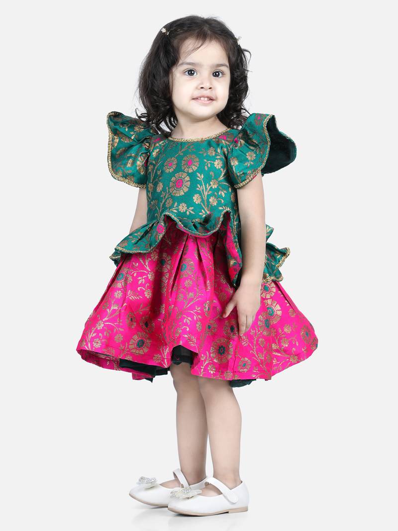 BownBee Jacquard Ruffle Sleeve Frock Party Dress for Girls-Green