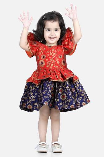 BownBee Jacquard Ruffle Sleeve Frock Party Dress for Girls-Orange