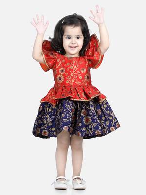 BownBee Jacquard Ruffle Sleeve Frock Party Dress for Girls-Orange 1