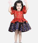 BownBee Jacquard Ruffle Sleeve Frock Party Dress for Girls-Orange