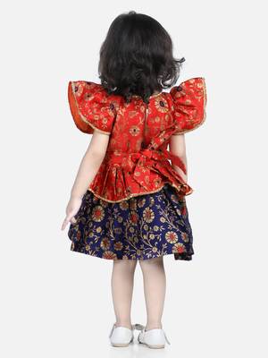 BownBee Jacquard Ruffle Sleeve Frock Party Dress for Girls-Orange 2