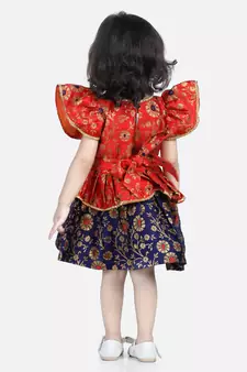 BownBee Jacquard Ruffle Sleeve Frock Party Dress for Girls-Orange