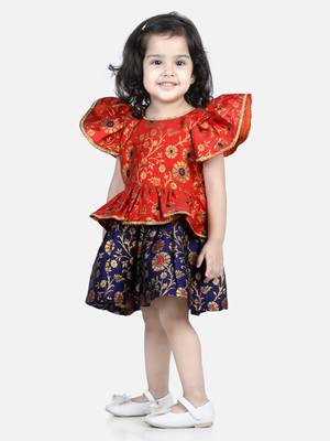 BownBee Jacquard Ruffle Sleeve Frock Party Dress for Girls-Orange 3