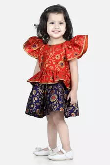 BownBee Jacquard Ruffle Sleeve Frock Party Dress for Girls-Orange