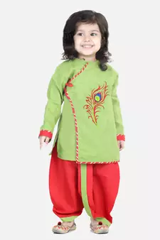 BownBee Cotton Embroidery Kanhaiya Dhoti Kurta for Boys-Green