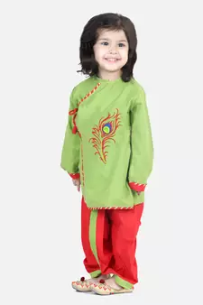 BownBee Cotton Embroidery Kanhaiya Dhoti Kurta for Boys-Green