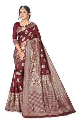 Maroon woven banarasi silk saree with blouse 1