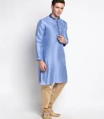 DEVOILER Men's Embriodered Steel Blue Silk Kurta