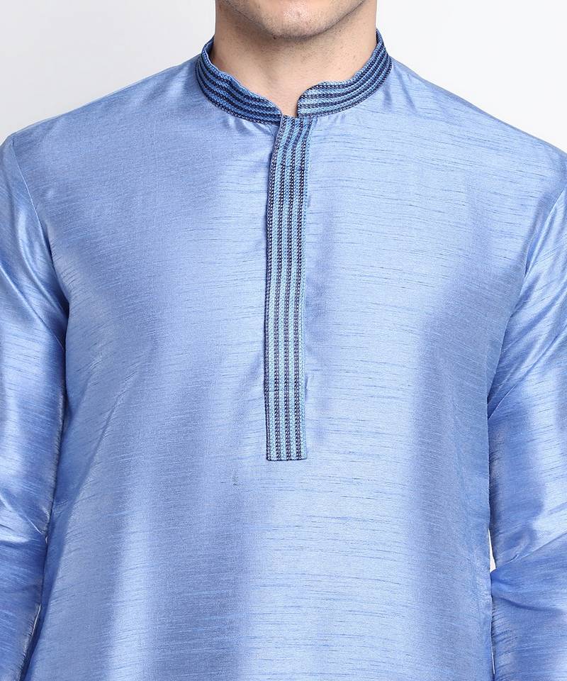 DEVOILER Men's Embriodered Steel Blue Silk Kurta