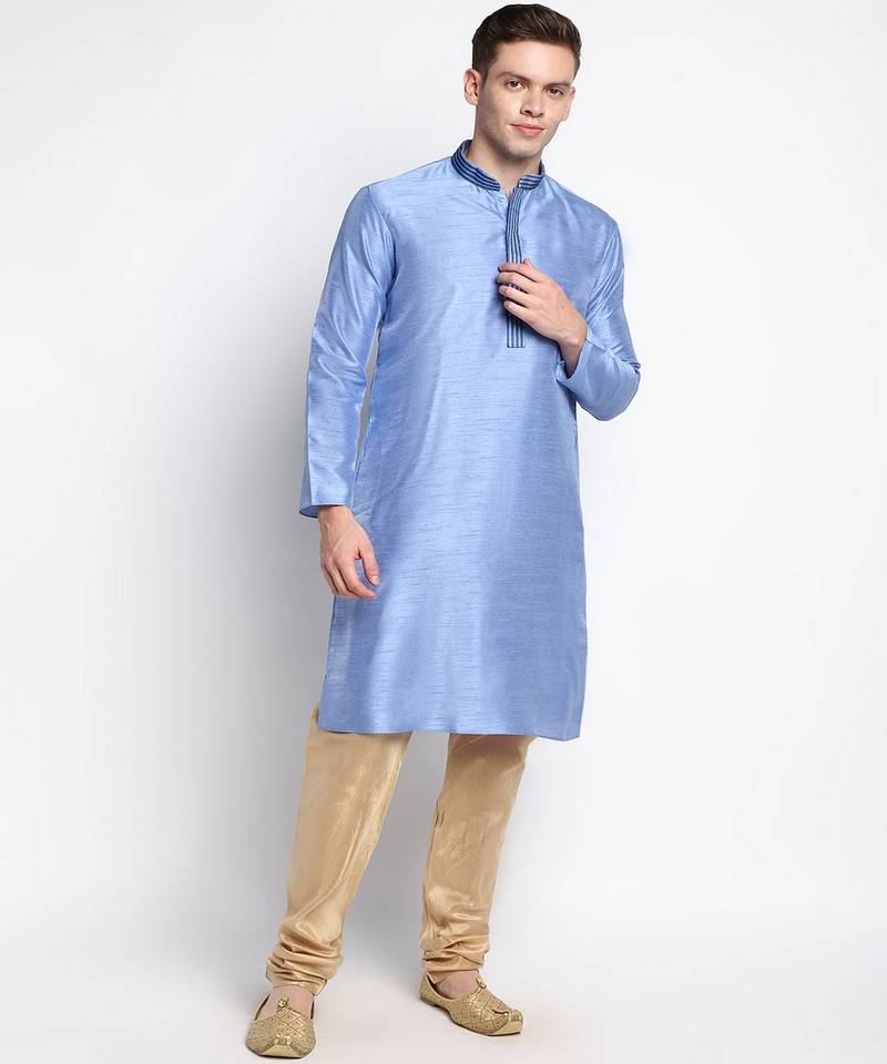 DEVOILER Men's Embriodered Steel Blue Silk Kurta
