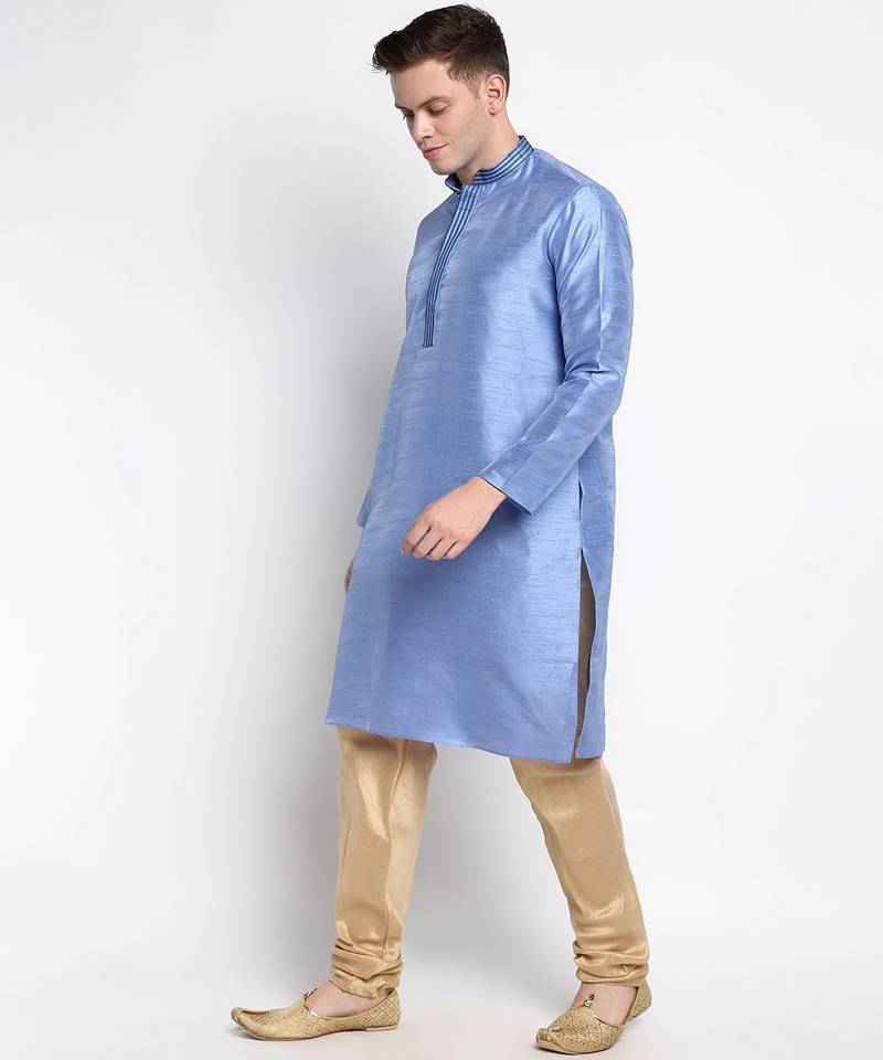 DEVOILER Men's Embriodered Steel Blue Silk Kurta