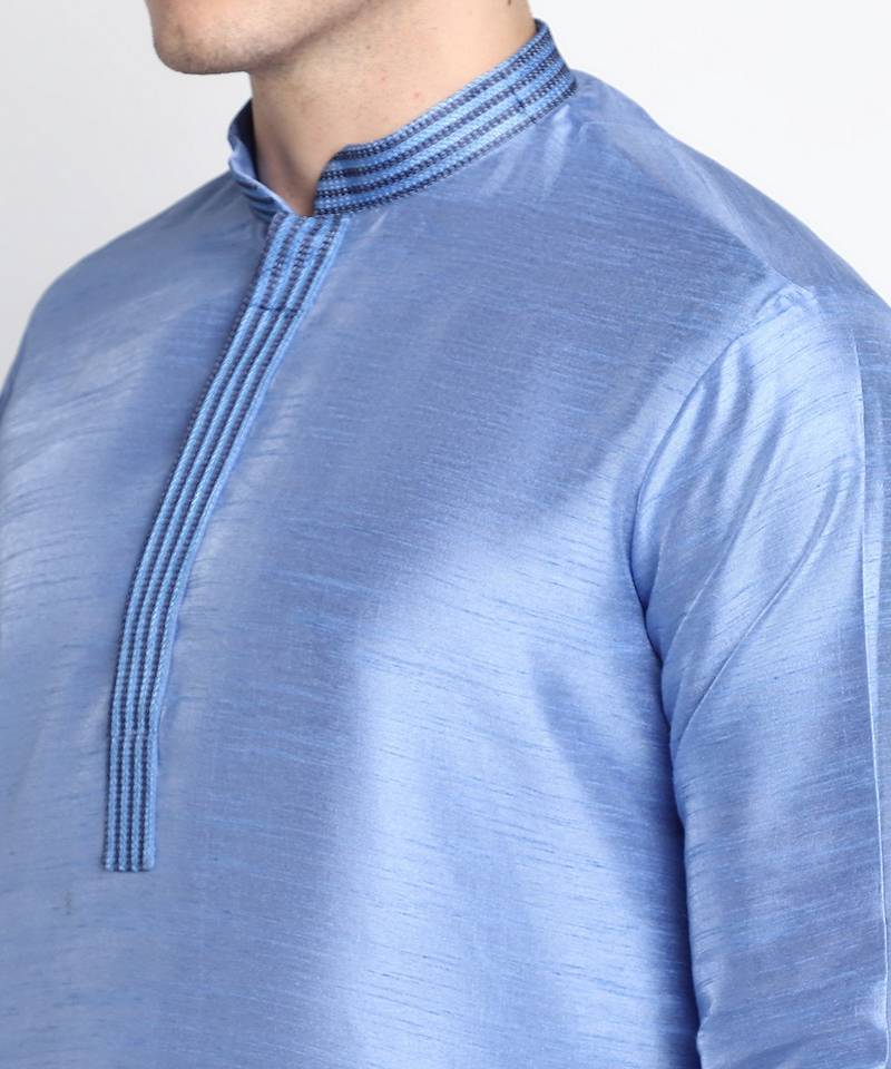 DEVOILER Men's Embriodered Steel Blue Silk Kurta