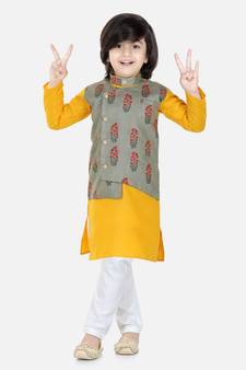BownBee Printed Attached Jacket Cotton Kurta Pajama for Boys- Gray