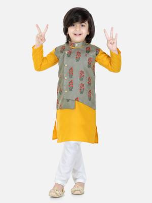BownBee Printed Attached Jacket Cotton Kurta Pajama for Boys- Gray 1