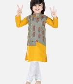 BownBee Printed Attached Jacket Cotton Kurta Pajama for Boys- Gray