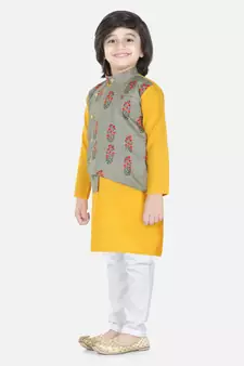 BownBee Printed Attached Jacket Cotton Kurta Pajama for Boys- Gray