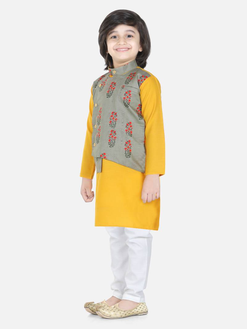 BownBee Printed Attached Jacket Cotton Kurta Pajama for Boys- Gray