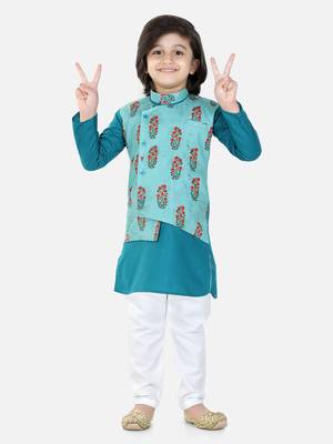 BownBee Printed Attached Jacket Cotton Kurta Pajama for Boys- Blue 1