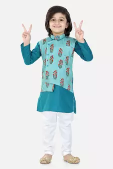 BownBee Printed Attached Jacket Cotton Kurta Pajama for Boys- Blue