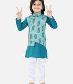 BownBee Printed Attached Jacket Cotton Kurta Pajama for Boys- Blue