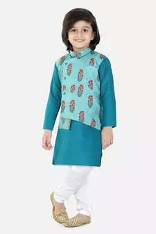 BownBee Printed Attached Jacket Cotton Kurta Pajama for Boys- Blue