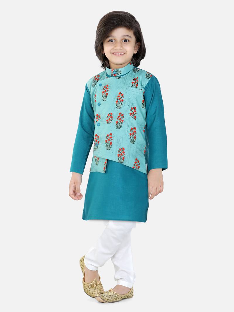 BownBee Printed Attached Jacket Cotton Kurta Pajama for Boys- Blue