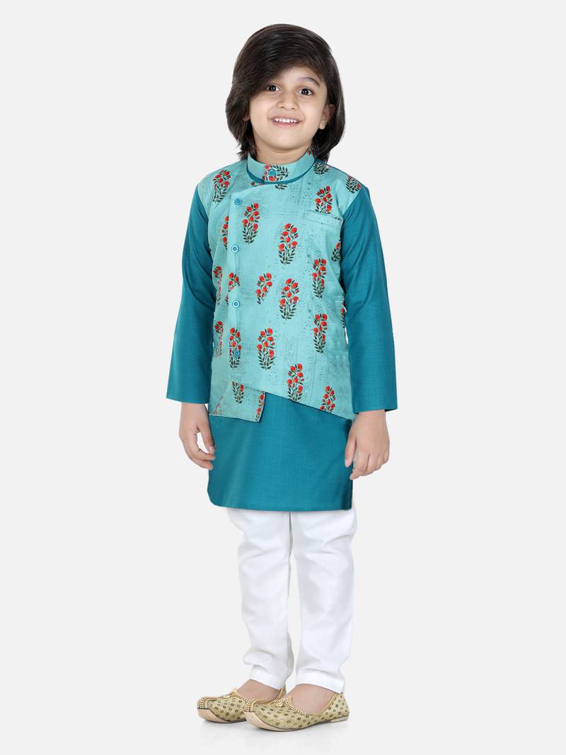 BownBee Printed Attached Jacket Cotton Kurta Pajama for Boys- Blue