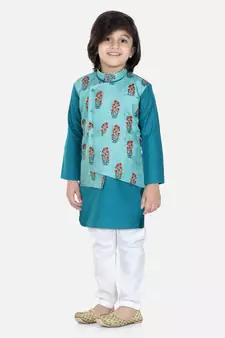 BownBee Printed Attached Jacket Cotton Kurta Pajama for Boys- Blue