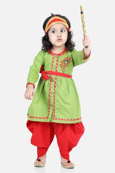 BownBee Cotton Embroidery Radha Top Dhoti with Mukut Sets for Girls-Green