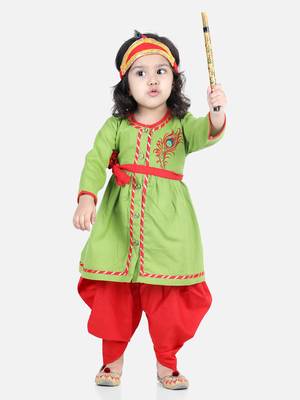 BownBee Cotton Embroidery Radha Top Dhoti with Mukut Sets for Girls-Green 1