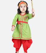 BownBee Cotton Embroidery Radha Top Dhoti with Mukut Sets for Girls-Green