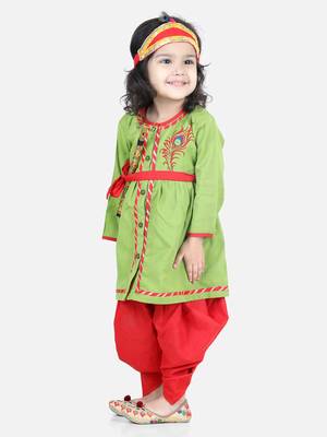 BownBee Cotton Embroidery Radha Top Dhoti with Mukut Sets for Girls-Green 2