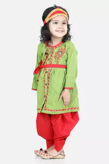 BownBee Cotton Embroidery Radha Top Dhoti with Mukut Sets for Girls-Green