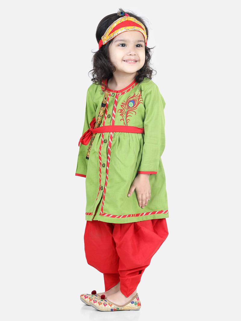 BownBee Cotton Embroidery Radha Top Dhoti with Mukut Sets for Girls-Green