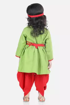 BownBee Cotton Embroidery Radha Top Dhoti with Mukut Sets for Girls-Green