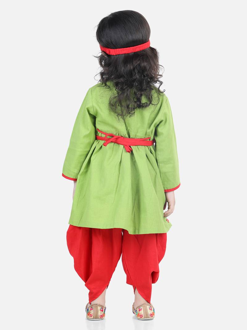 BownBee Cotton Embroidery Radha Top Dhoti with Mukut Sets for Girls-Green