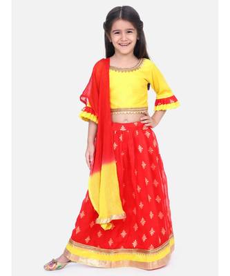 BownBee Chiffon Brocade Lehenga choli for Girls-Yellow 1