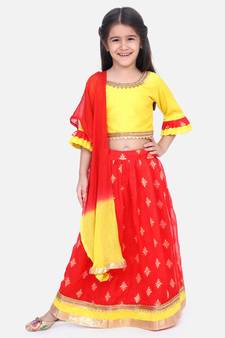 BownBee Chiffon Brocade Lehenga choli for Girls-Yellow