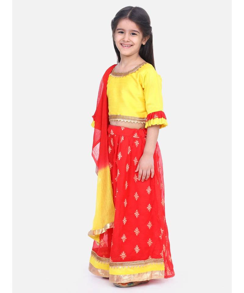 BownBee Chiffon Brocade Lehenga choli for Girls-Yellow