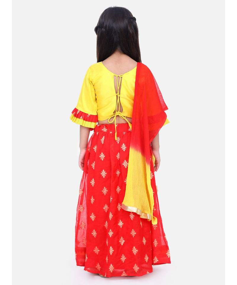 BownBee Chiffon Brocade Lehenga choli for Girls-Yellow