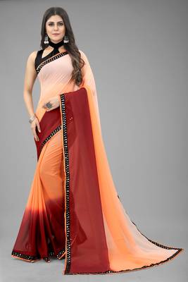 Orange printed georgette saree with blouse 1
