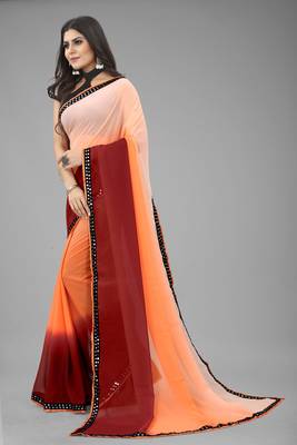 Orange printed georgette saree with blouse 2