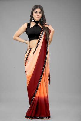 Orange printed georgette saree with blouse 4