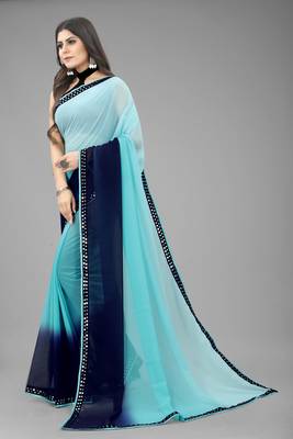 Blue Printed Georgette Saree With Blouse 3
