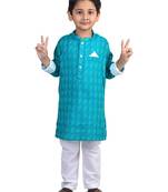 Kinder Kids Boys Light Blue White Katha Pure Cotton Kurta with pajama