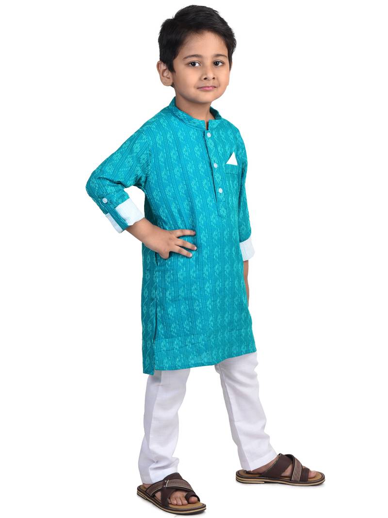 Kinder Kids Boys Light Blue White Katha Pure Cotton Kurta with pajama