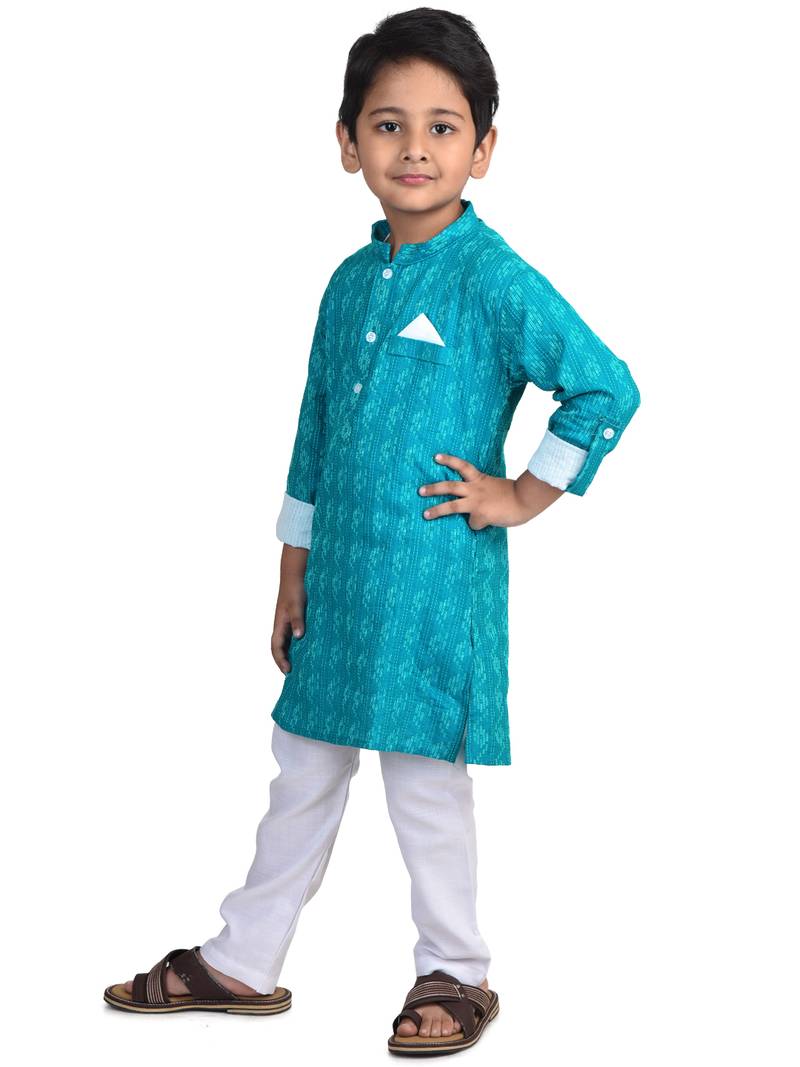 Kinder Kids Boys Light Blue White Katha Pure Cotton Kurta with pajama